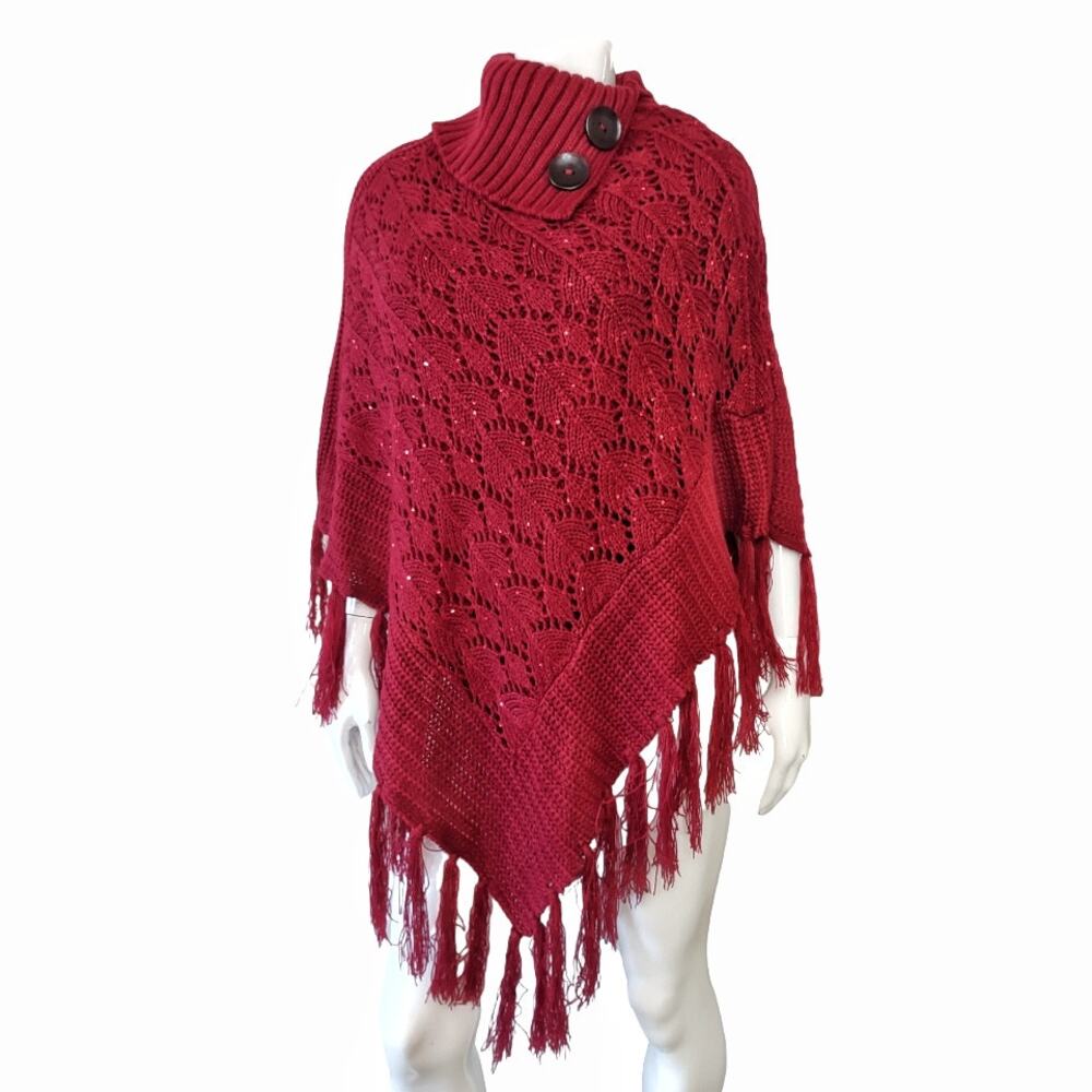 Red Wine Poncho Sequined Crochet Knitted Tassels Fringe Mock Turtleneck Sweater
